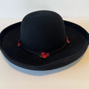 Kathy Jeanne 100% Wool Felt Wide Brim Fedora Black Red Flowers Made In USA